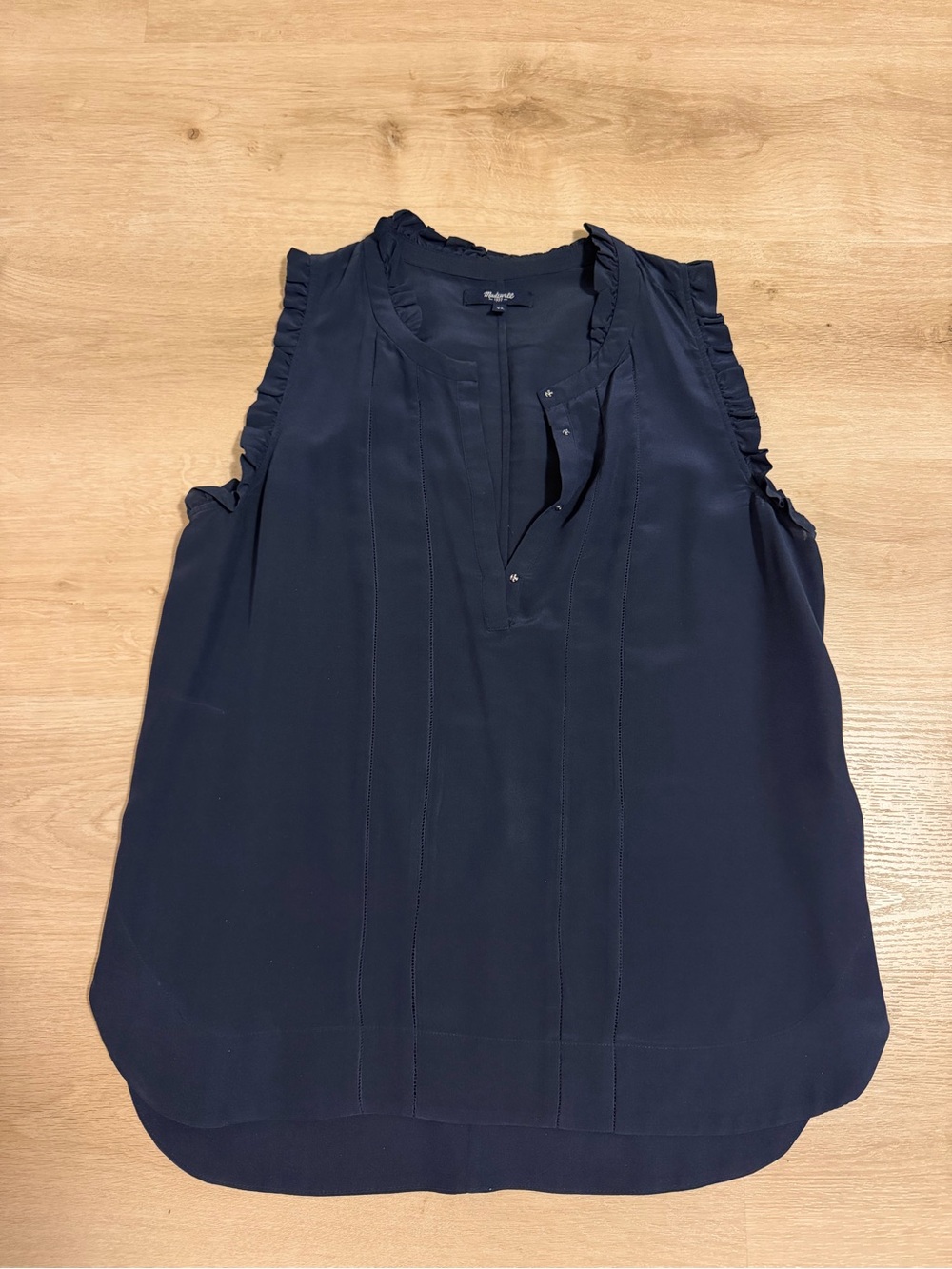 Madewell Sleeveless Ruffle Trim Navy Silk Top